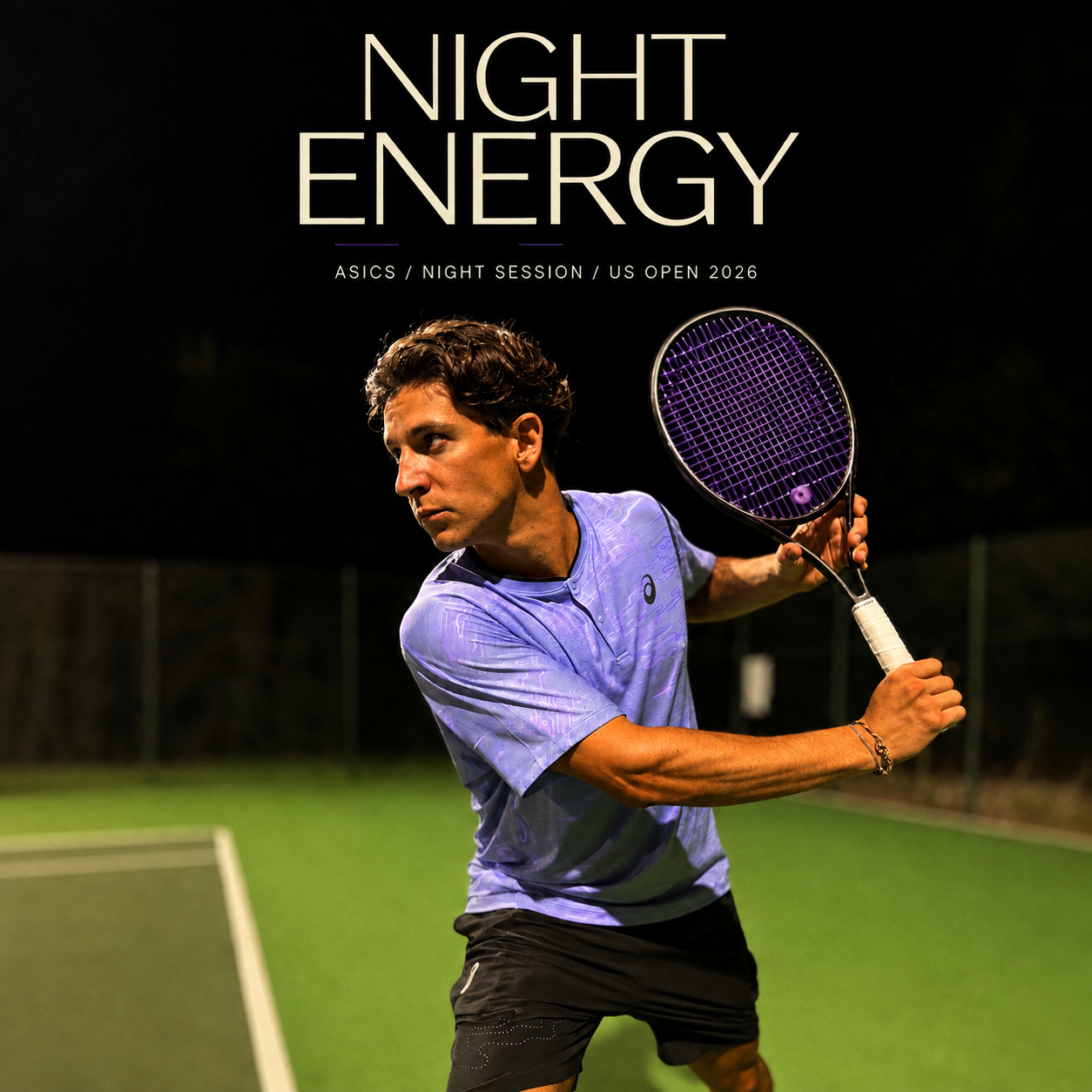 Visuel Night Energy : Samy prépare son revers de nuit dans une tenue ASICS violette